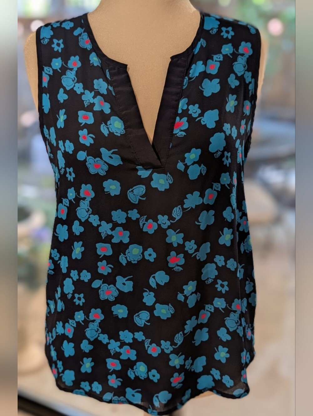 Pixley Sleeveless Dark Navy Super Fun Blue Floral Pattern V-Neck Top